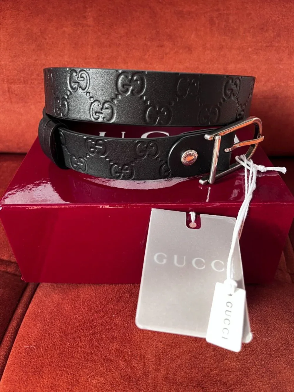 New Gucci Reversable Belt Embossed GG Black Leather Men's Size 120/47